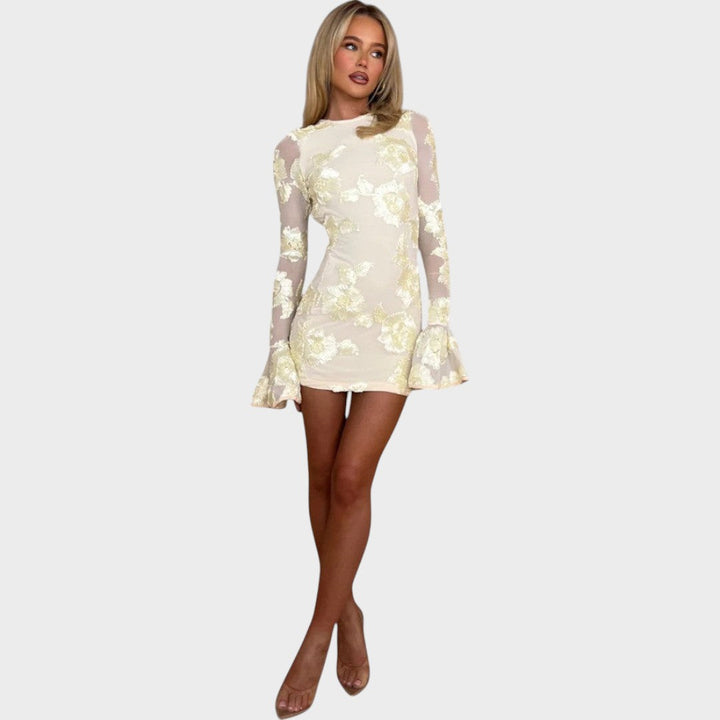 Ивана - Кратка цветна рокля с камбанести ръкави