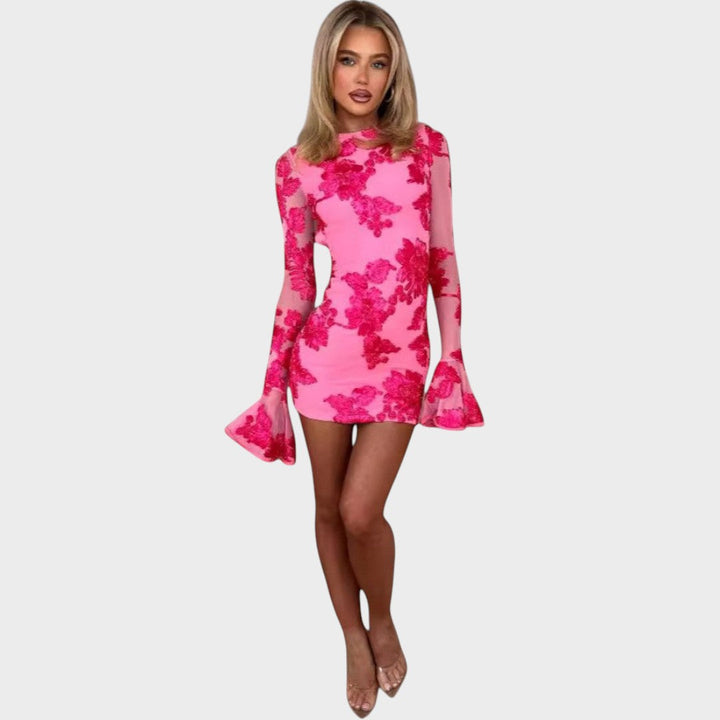 Ивана - Кратка цветна рокля с камбанести ръкави