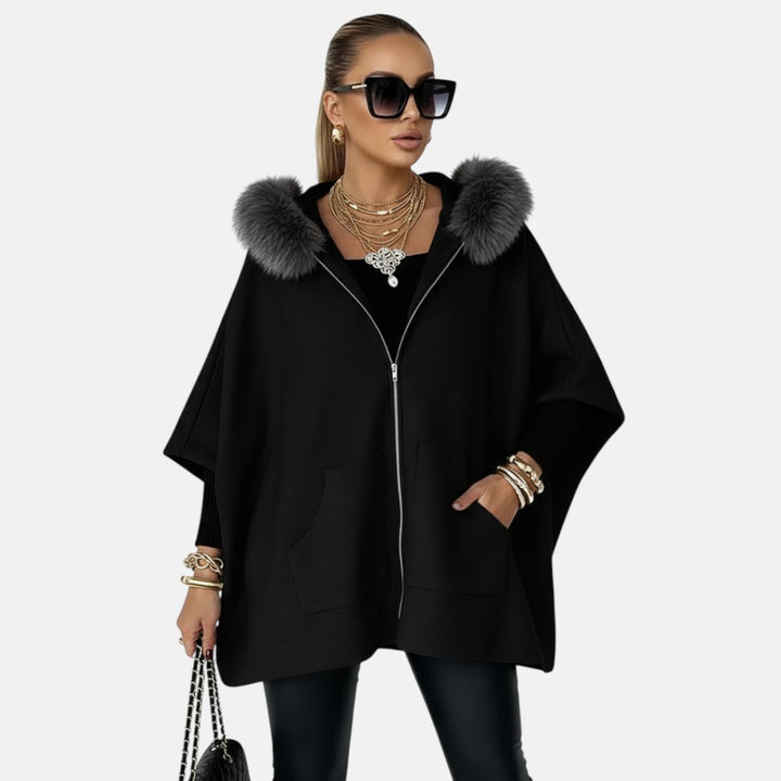 Александра  - Небрежно палто с качулка и кожена яка