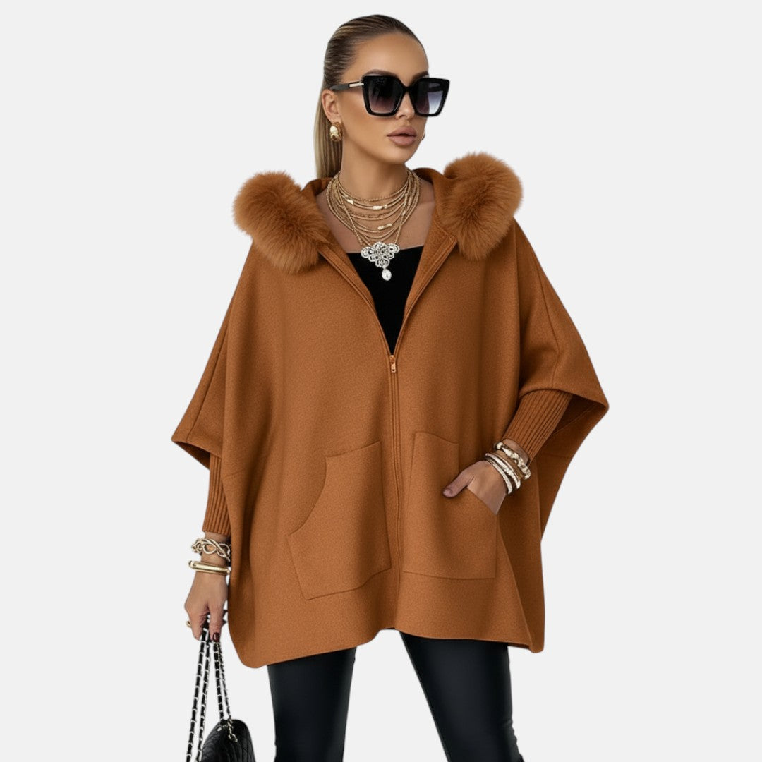 Александра  - Небрежно палто с качулка и кожена яка