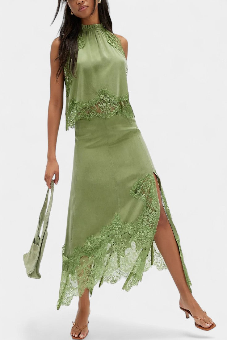 Нада Миди Пола с Дантелени Детайли и Асиметричен Подгъв