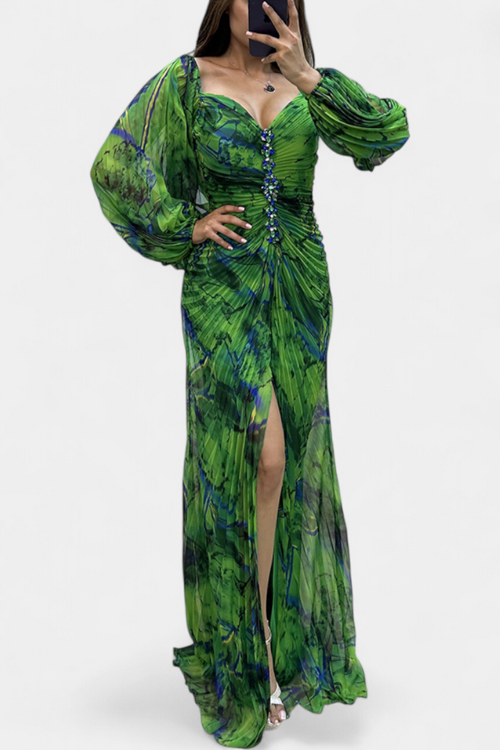 Леона Макси Рокля с Плисиране, Дълги Ръкави и Вибрантни Узорци