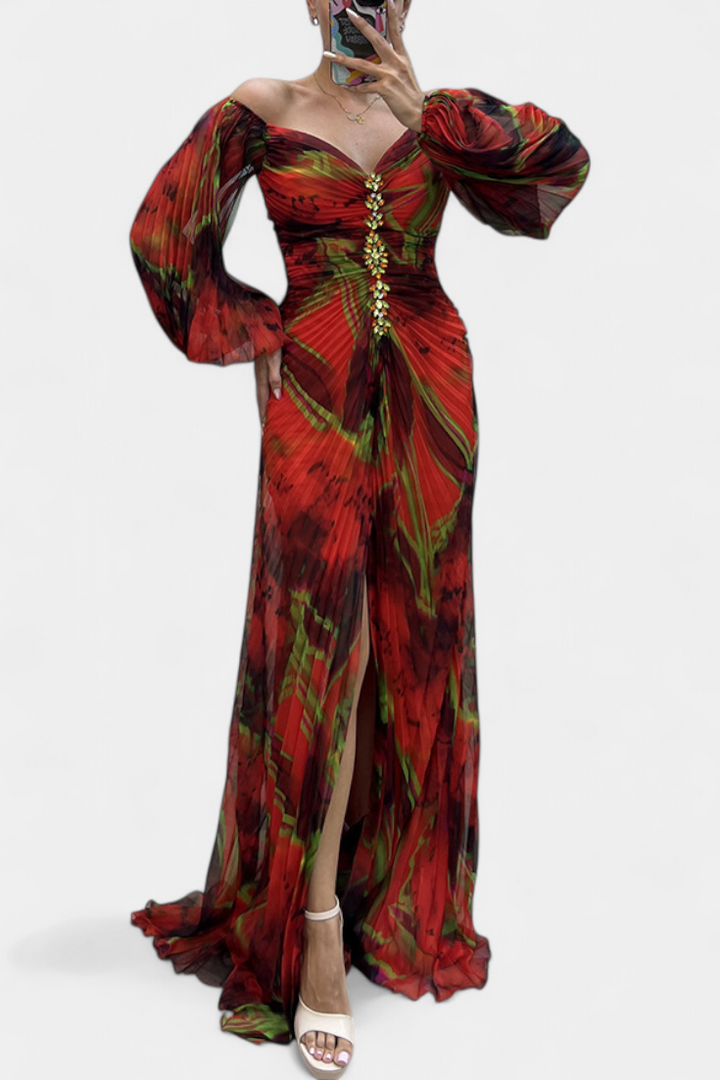 Леона Макси Рокля с Плисиране, Дълги Ръкави и Вибрантни Узорци