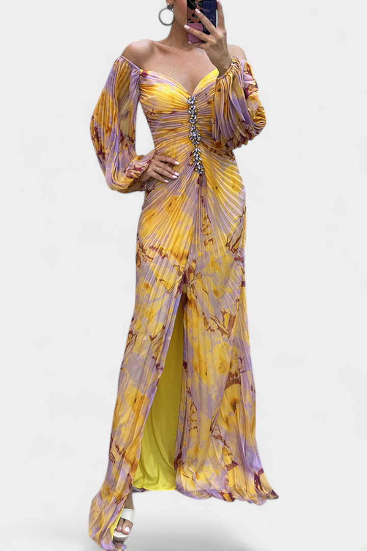 Леона Макси Рокля с Плисиране, Дълги Ръкави и Вибрантни Узорци