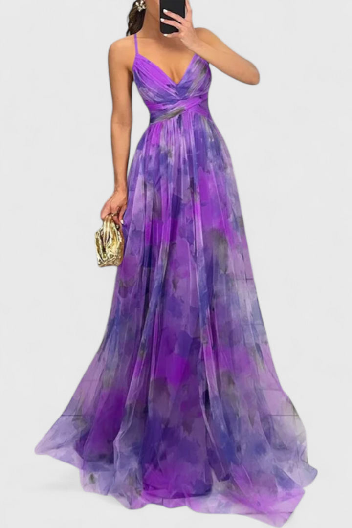 Макси рокля Магдалена с цветен десен и V-образно деколте