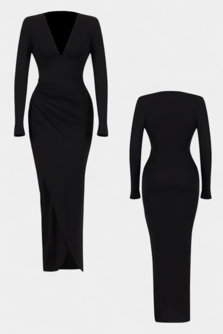 Елена Рокля с Дълги Ръкави и Дълбоко V Деколте